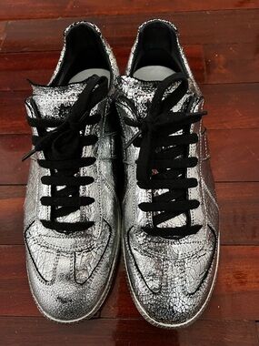 Maison Martin Margiela Men's Metallic Silver Lace-Up Sneakers